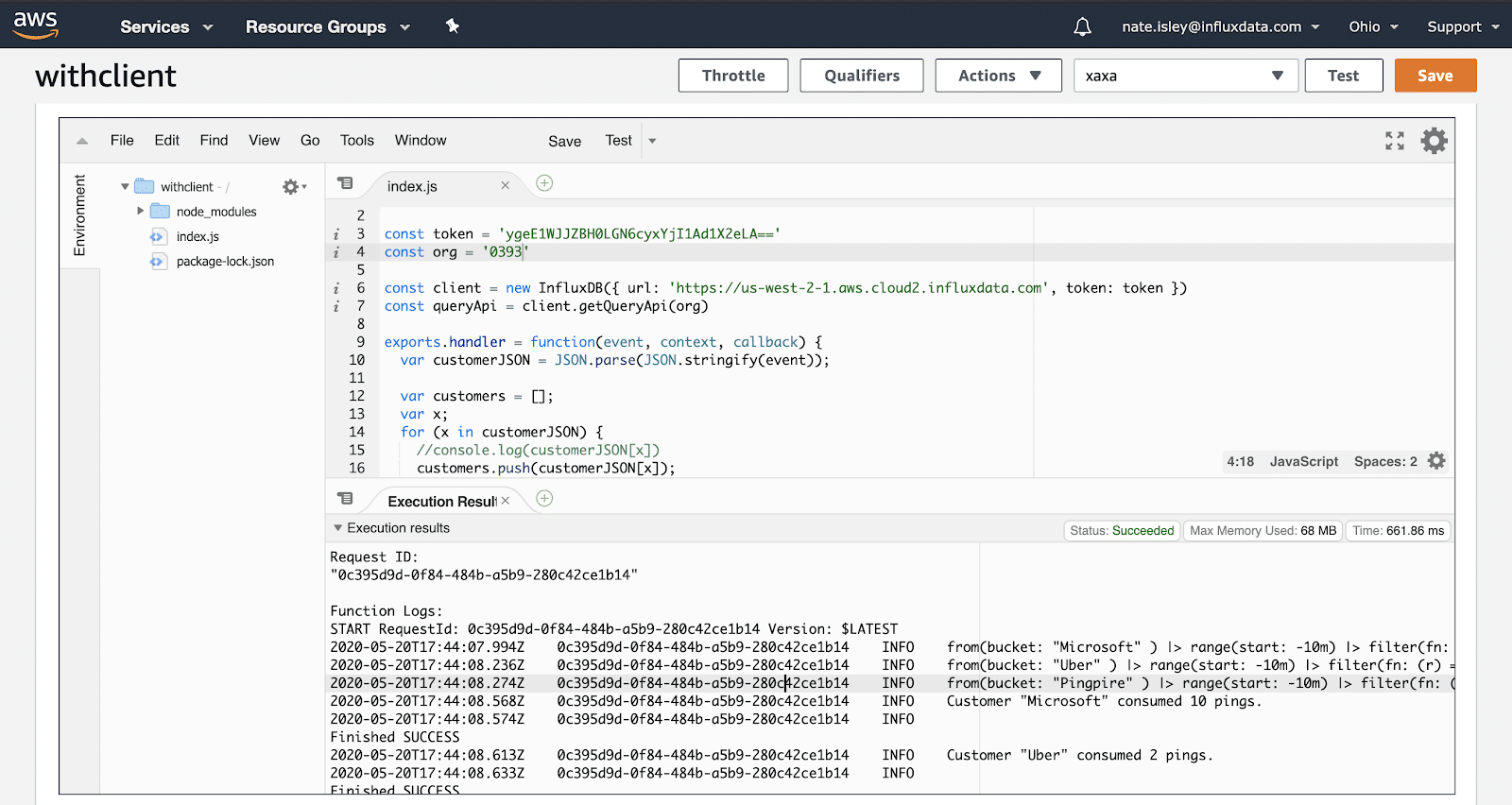 AWS IDE Output - InfluxDB Lambda