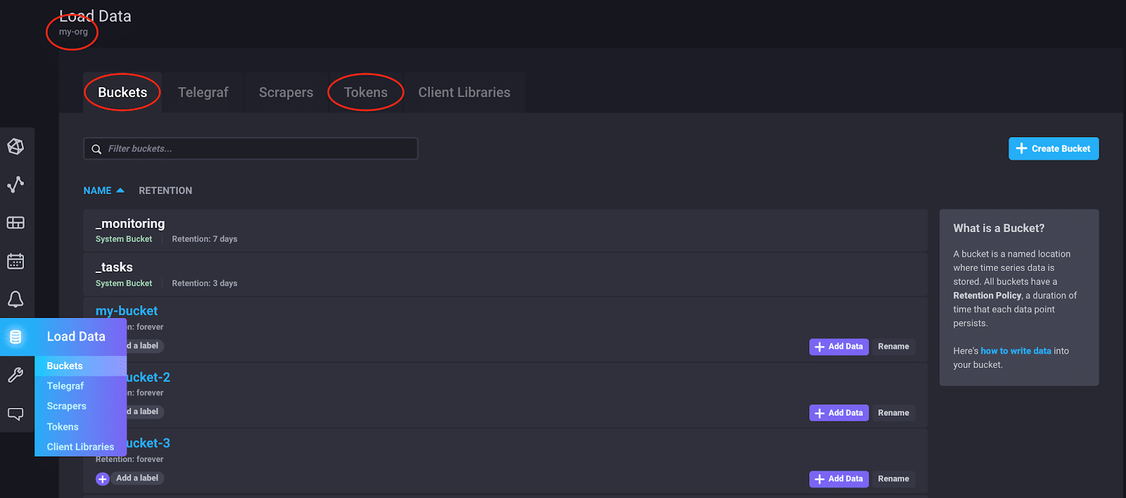 InfluxDB v2 UI - 桶和令牌示例