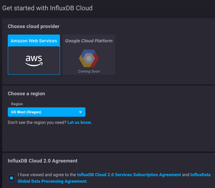 InfluxDB Cloud aws cloud provider