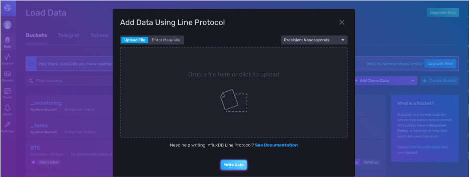 Adding data using line protocol via the InfluxDB v2 UI 